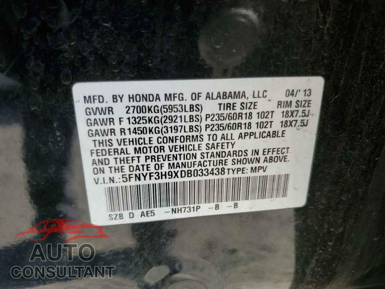 HONDA PILOT 2013 - 5FNYF3H9XDB033438