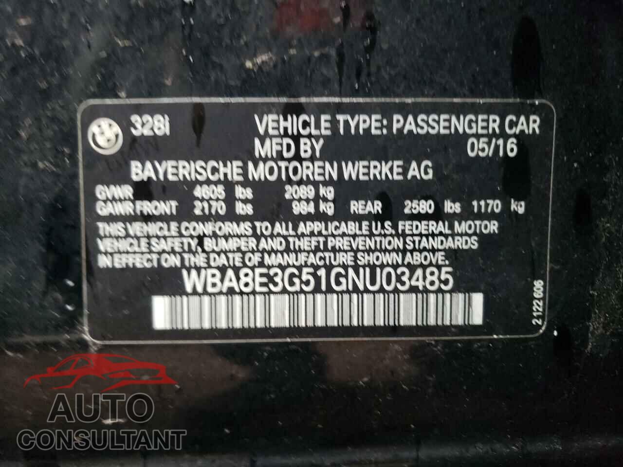 BMW 3 SERIES 2016 - WBA8E3G51GNU03485