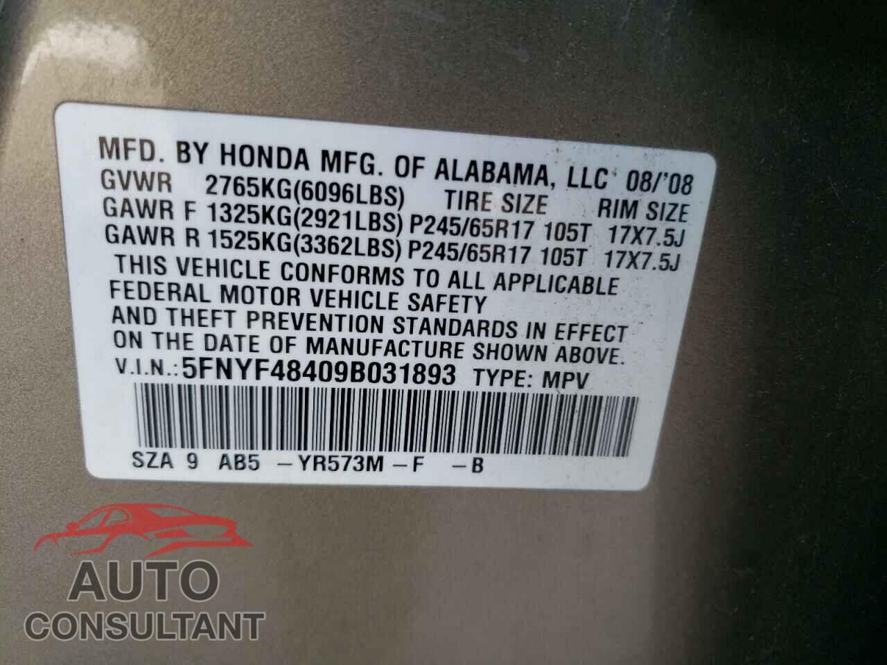 HONDA PILOT 2009 - 5FNYF48409B031893