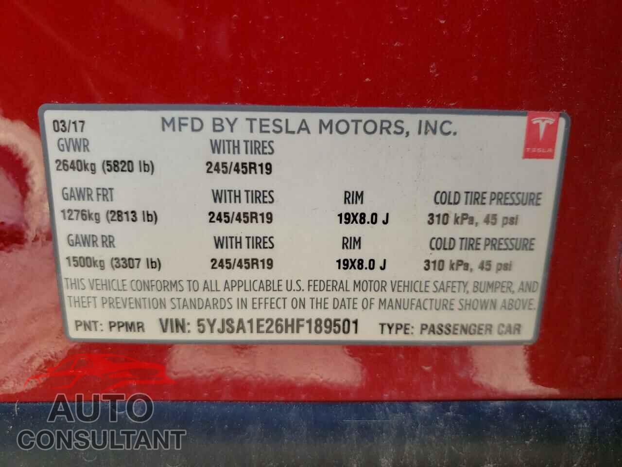TESLA MODEL S 2017 - 5YJSA1E26HF189501