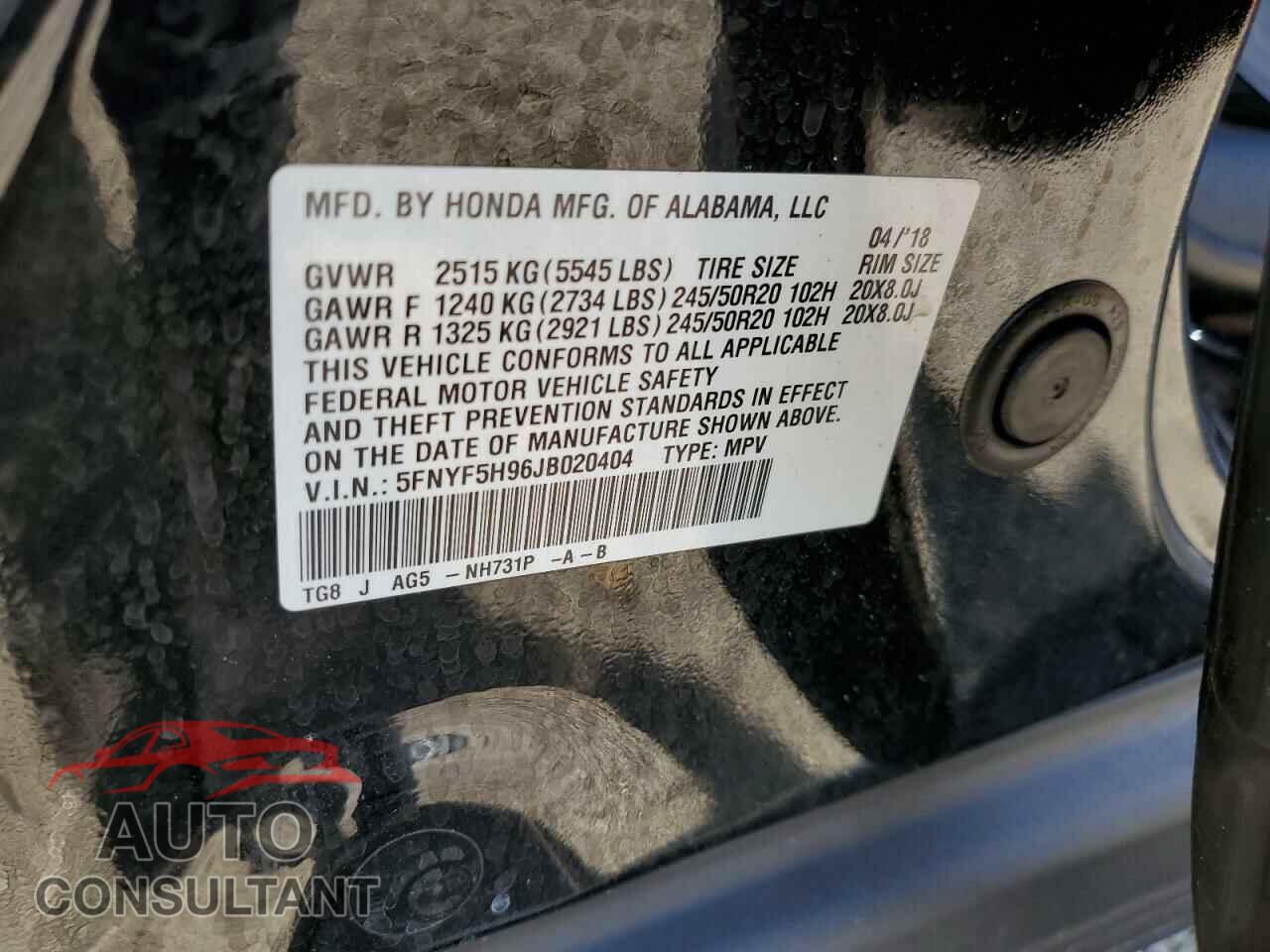 HONDA PILOT 2018 - 5FNYF5H96JB020404