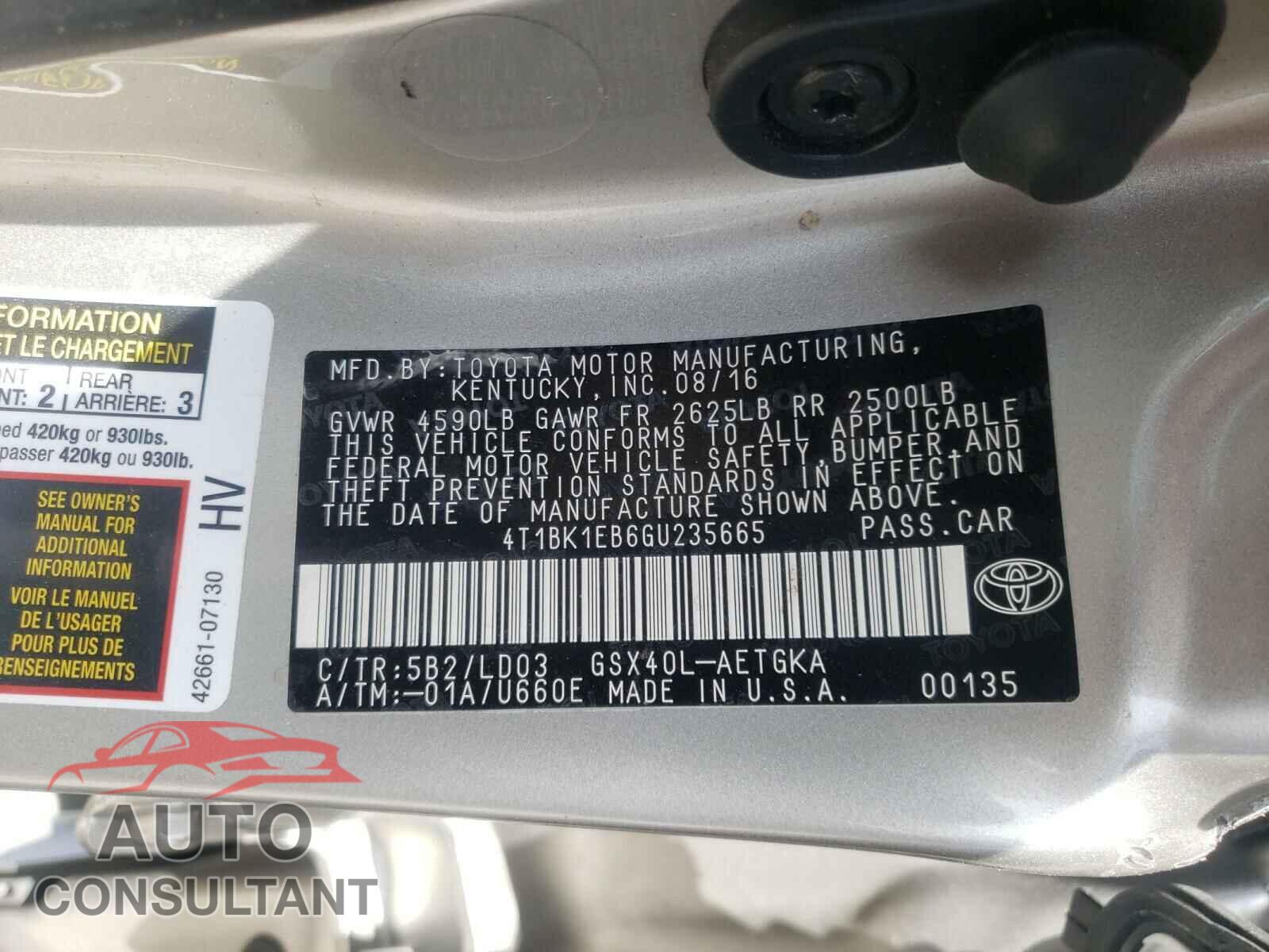 TOYOTA AVALON 2016 - 4T1BK1EB6GU235665