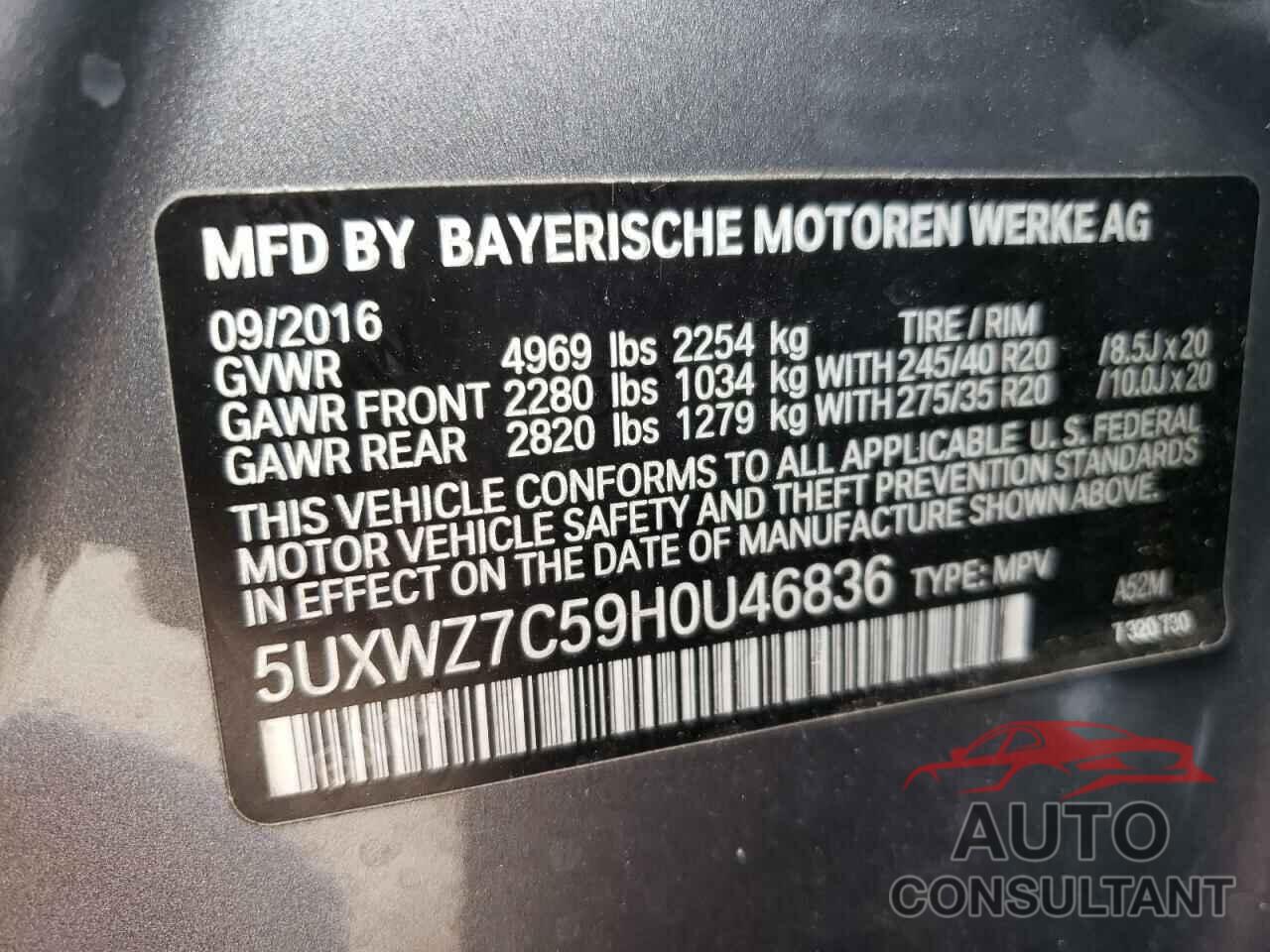 BMW X3 2017 - 5UXWZ7C59H0U46836