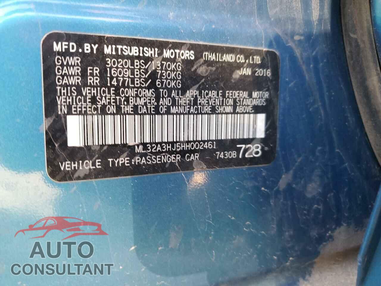 MITSUBISHI MIRAGE 2017 - ML32A3HJ5HH002461
