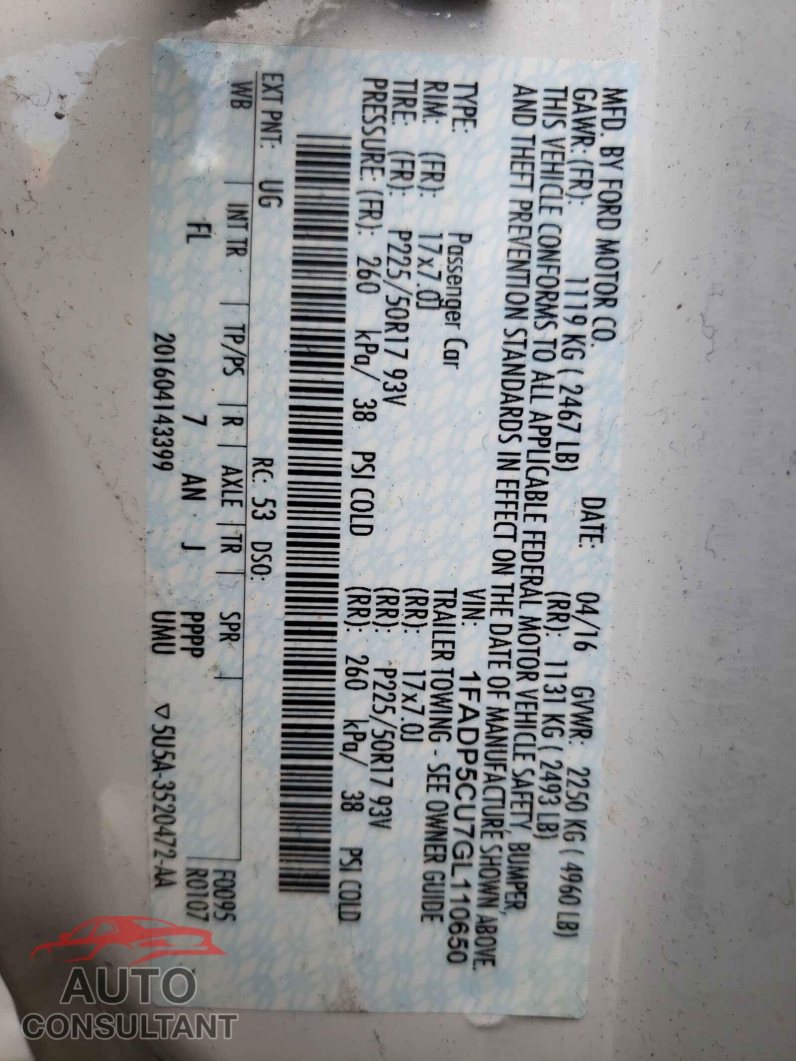 FORD CMAX 2016 - 1FADP5CU7GL110650