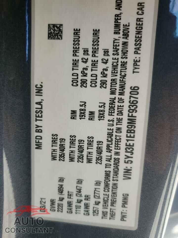 TESLA MODEL 3 2021 - 5YJ3E1EB9MF936706