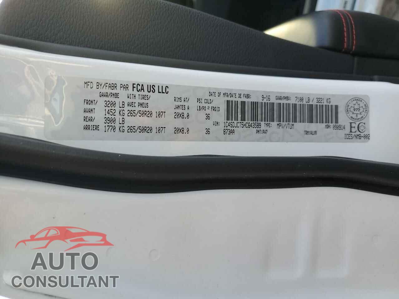 DODGE DURANGO 2017 - 1C4SDJCT5HC643589