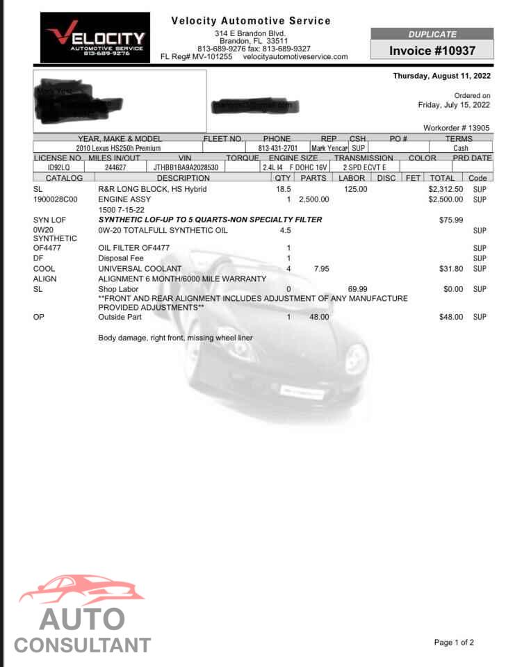 LEXUS HS 2010 - JTHBB1BA9A2028530