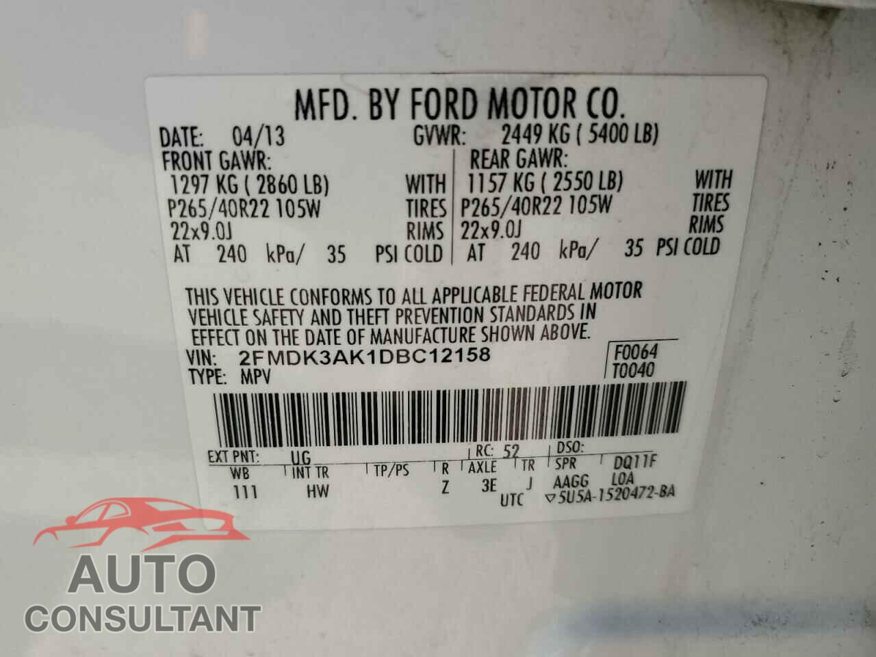 FORD EDGE 2013 - 2FMDK3AK1DBC12158