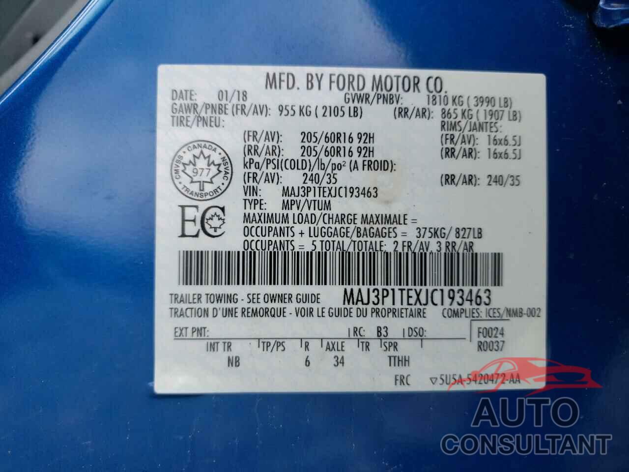 FORD ALL OTHER 2018 - MAJ3P1TEXJC193463