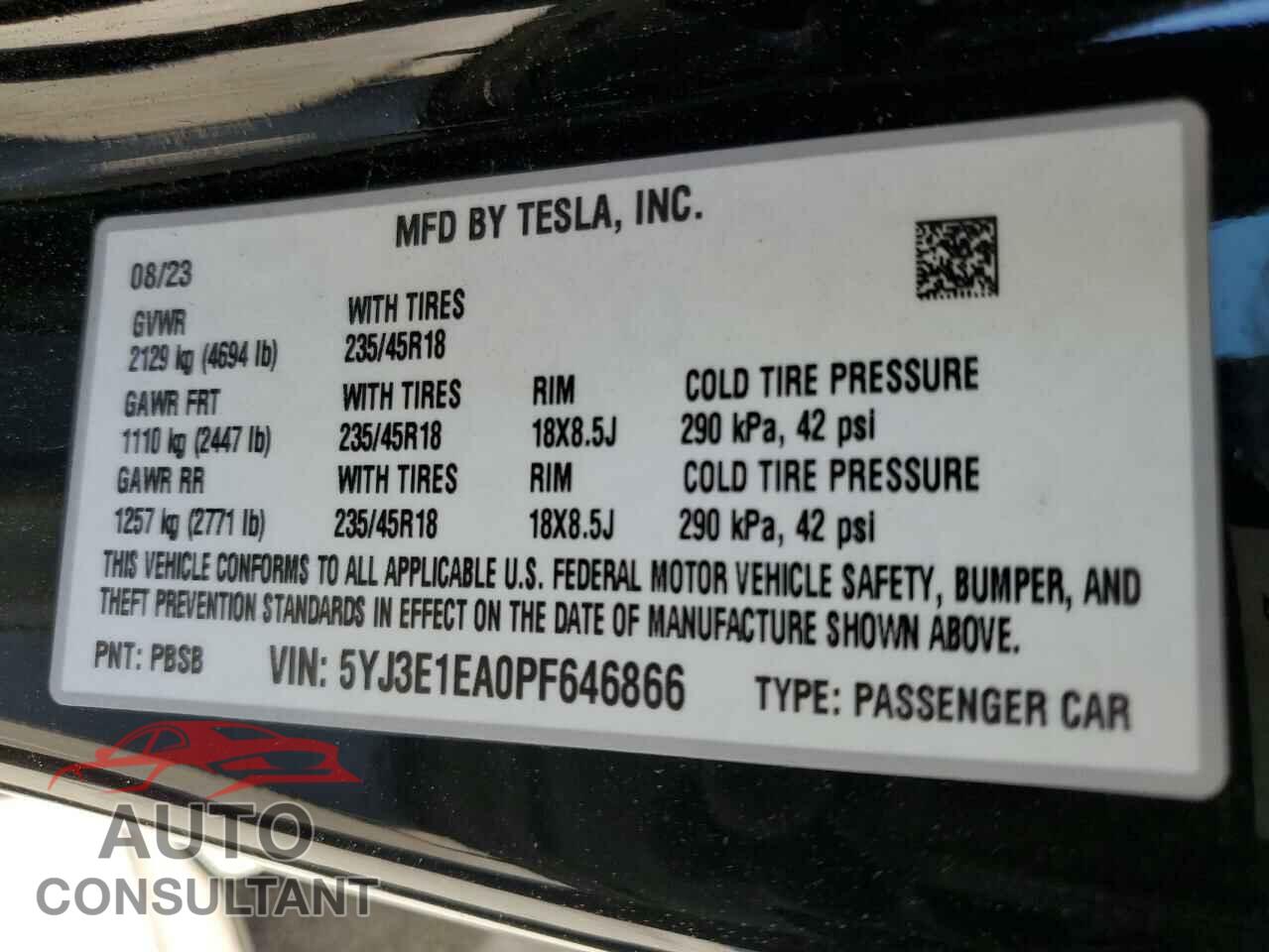 TESLA MODEL 3 2023 - 5YJ3E1EA0PF646866