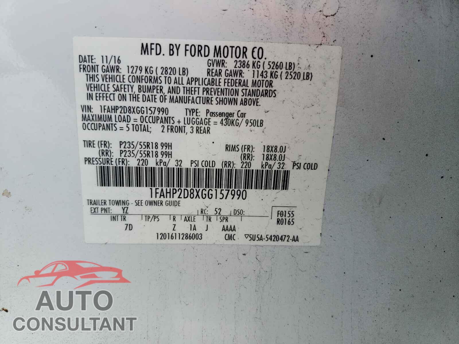 FORD TAURUS 2016 - 1FAHP2D8XGG157990