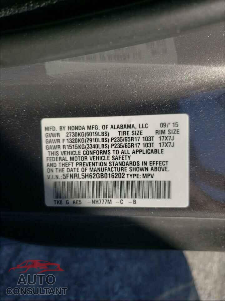 HONDA ODYSSEY 2016 - 5FNRL5H62GB016202
