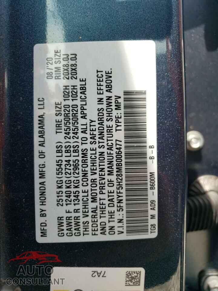 HONDA PILOT 2021 - 5FNYF5H28MB006477