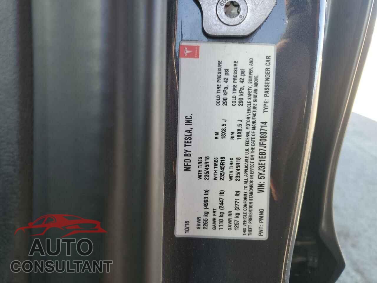 TESLA MODEL 3 2018 - 5YJ3E1EB7JF089714