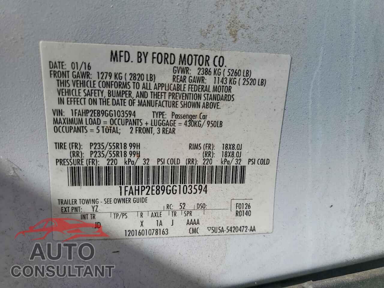 FORD TAURUS 2016 - 1FAHP2E89GG103594