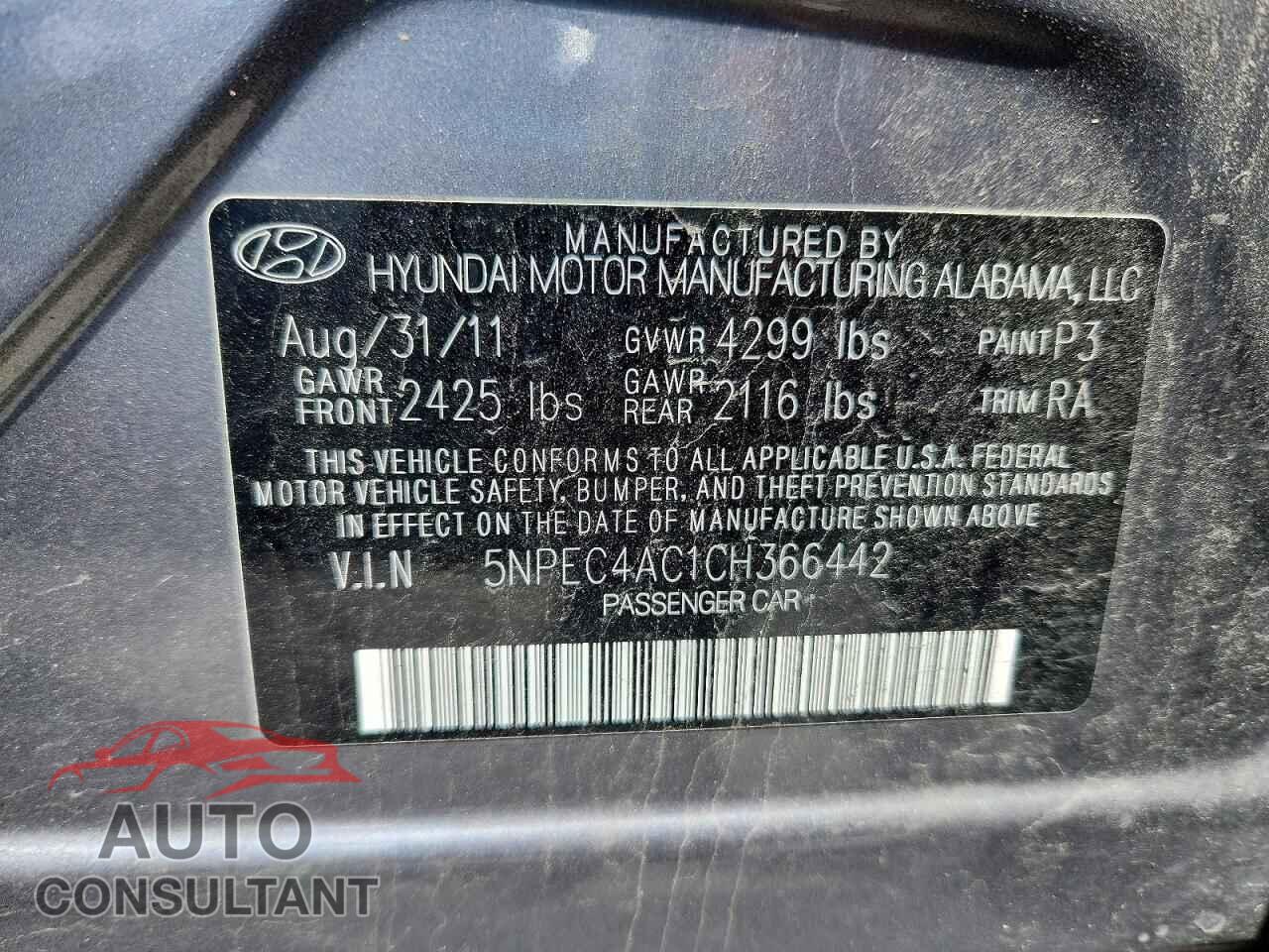HYUNDAI SONATA 2012 - 5NPEC4AC1CH366442