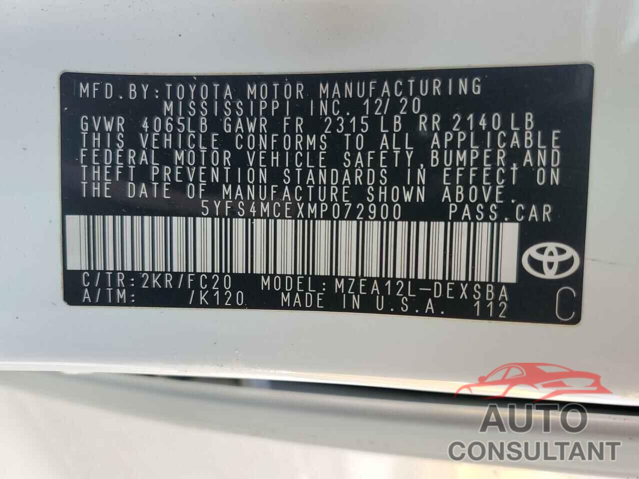 TOYOTA COROLLA 2021 - 5YFS4MCEXMP072900