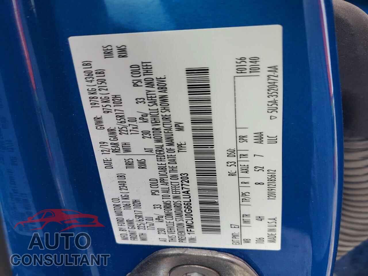 FORD ESCAPE 2020 - 1FMCU0G66LUA77203