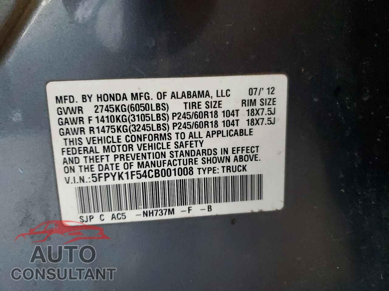 HONDA RIDGELINE 2012 - 5FPYK1F54CB001008