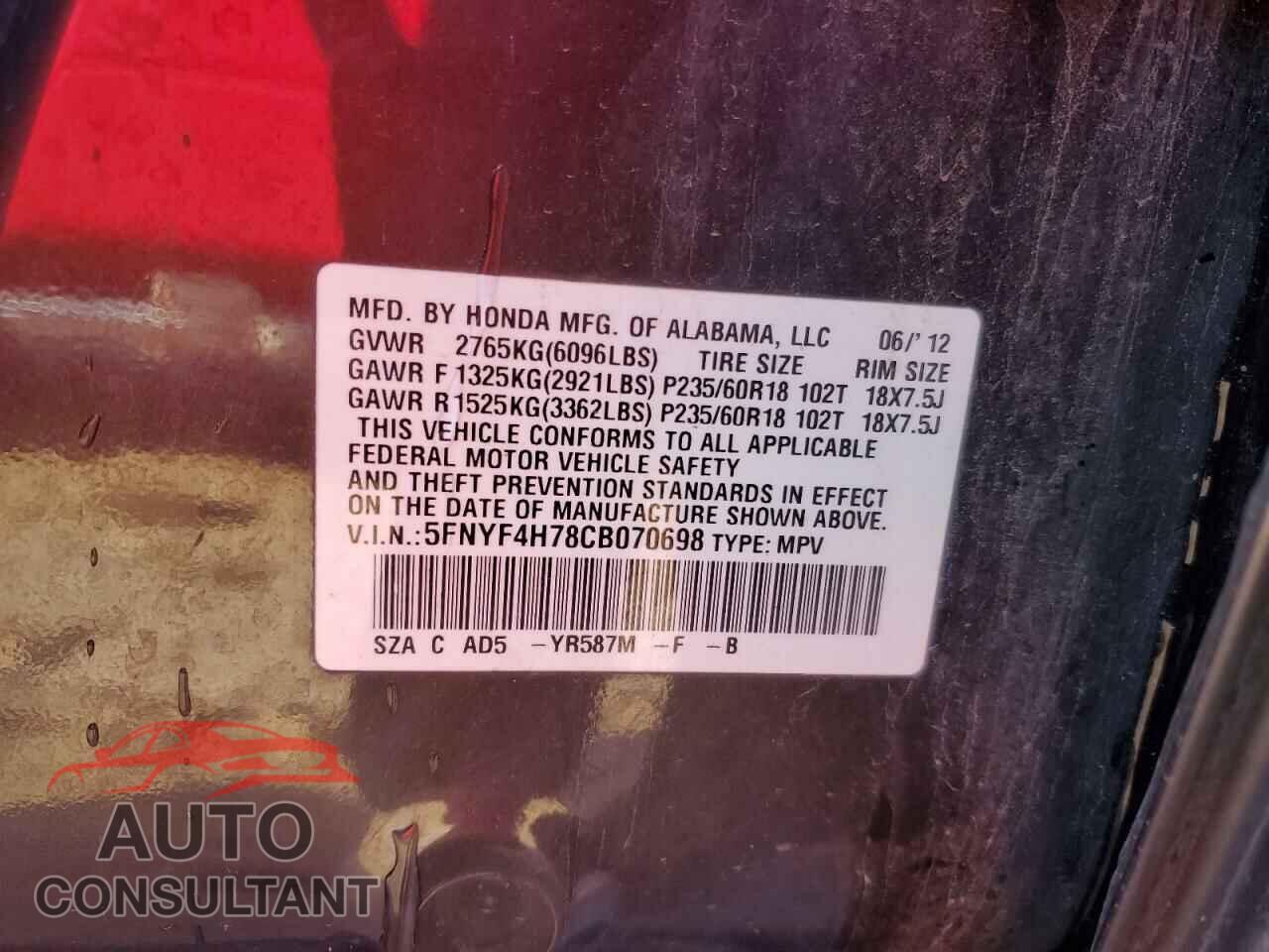 HONDA PILOT 2012 - 5FNYF4H78CB070698