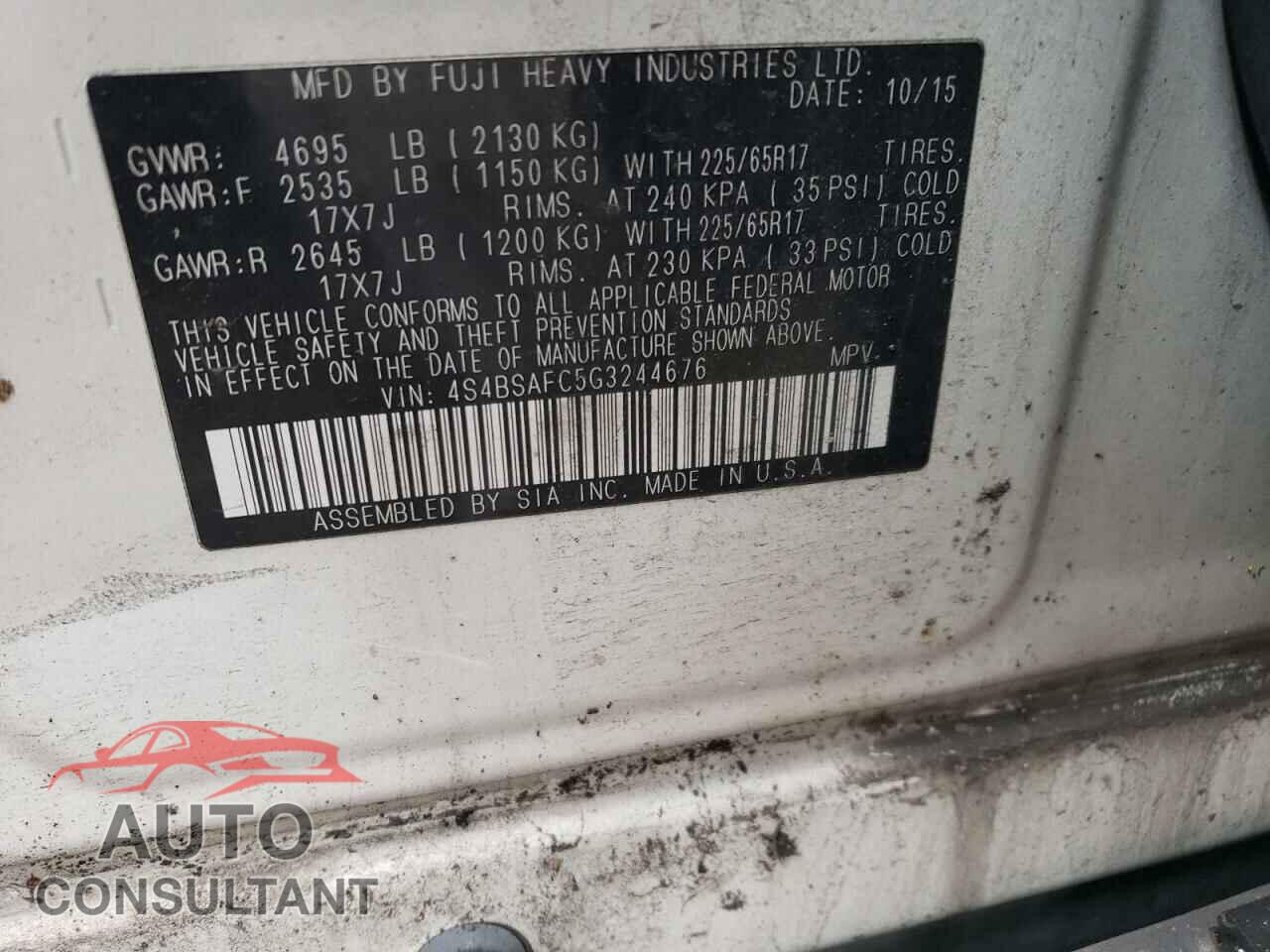 SUBARU OUTBACK 2016 - 4S4BSAFC5G3244676