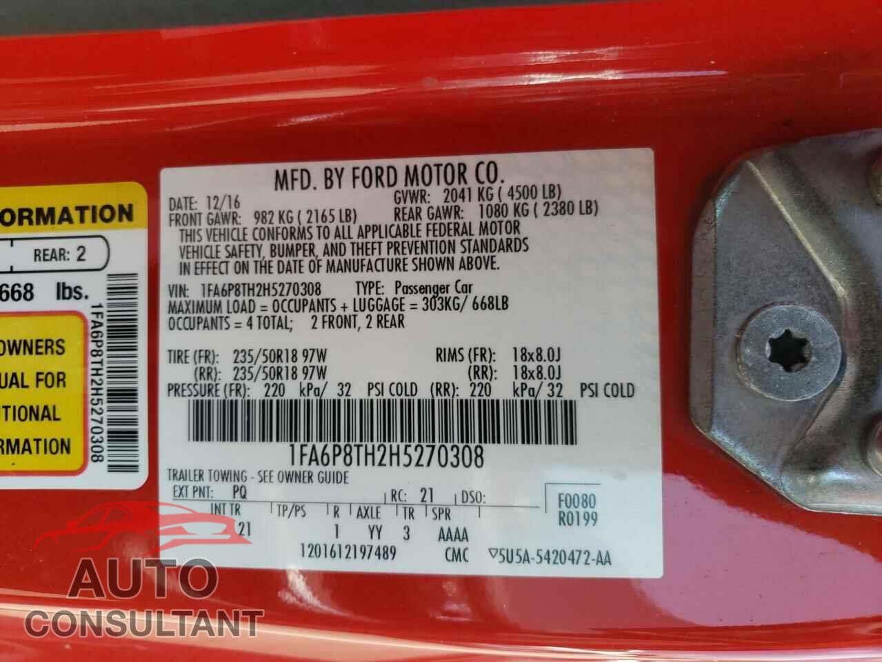FORD MUSTANG 2017 - 1FA6P8TH2H5270308