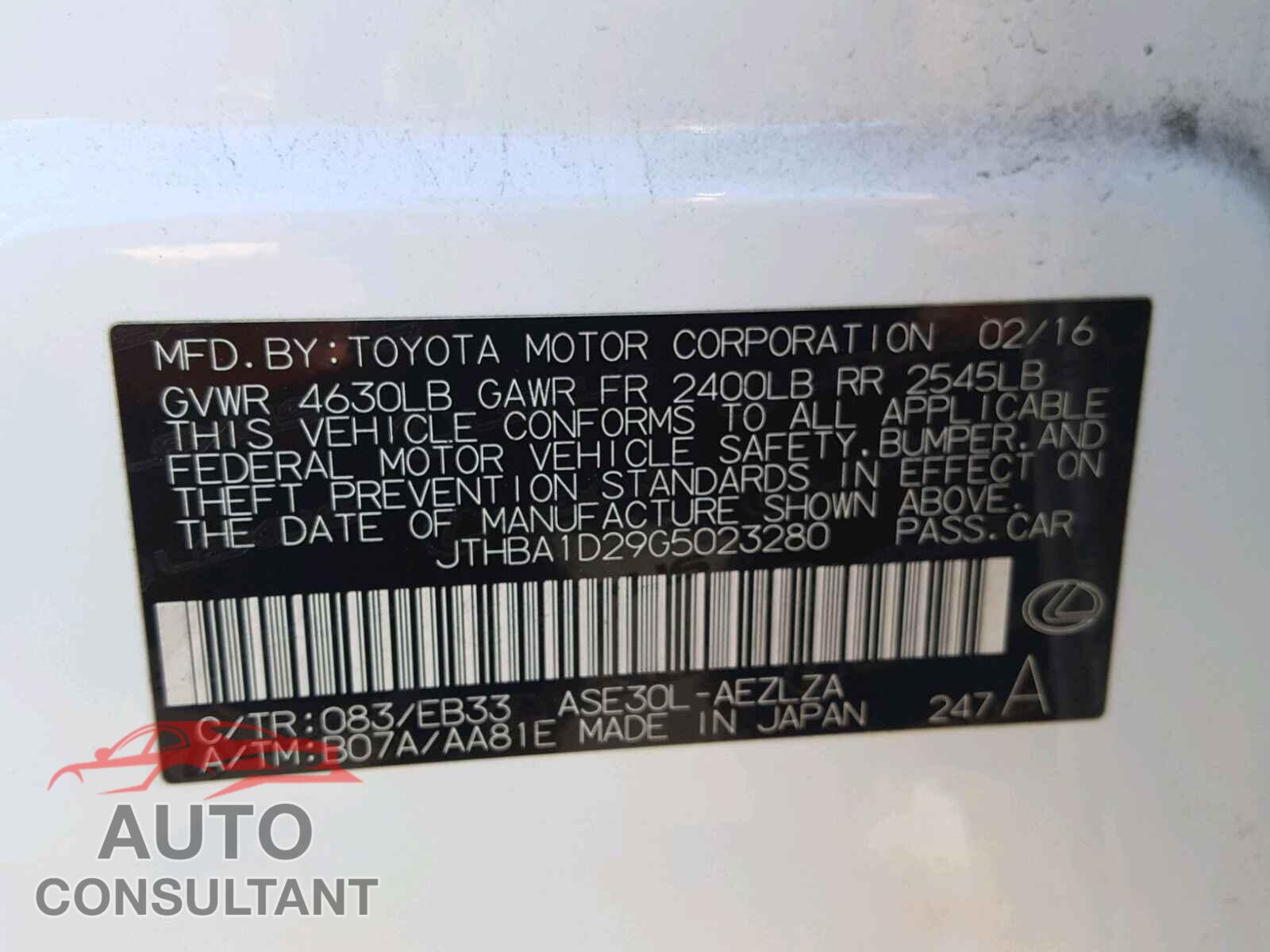 LEXUS IS 2016 - JTHBA1D29G5023280