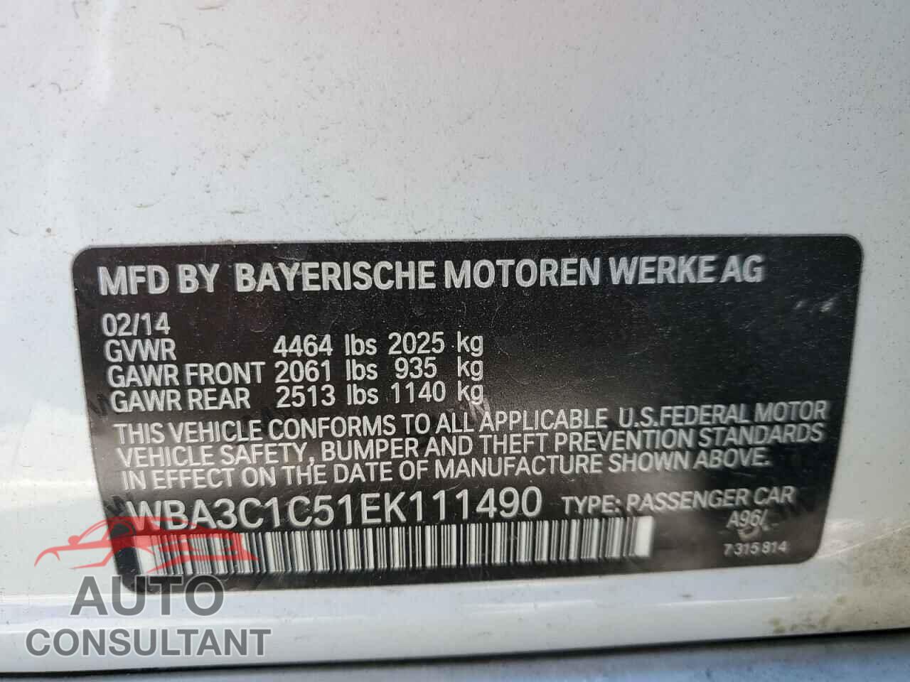 BMW 3 SERIES 2014 - WBA3C1C51EK111490