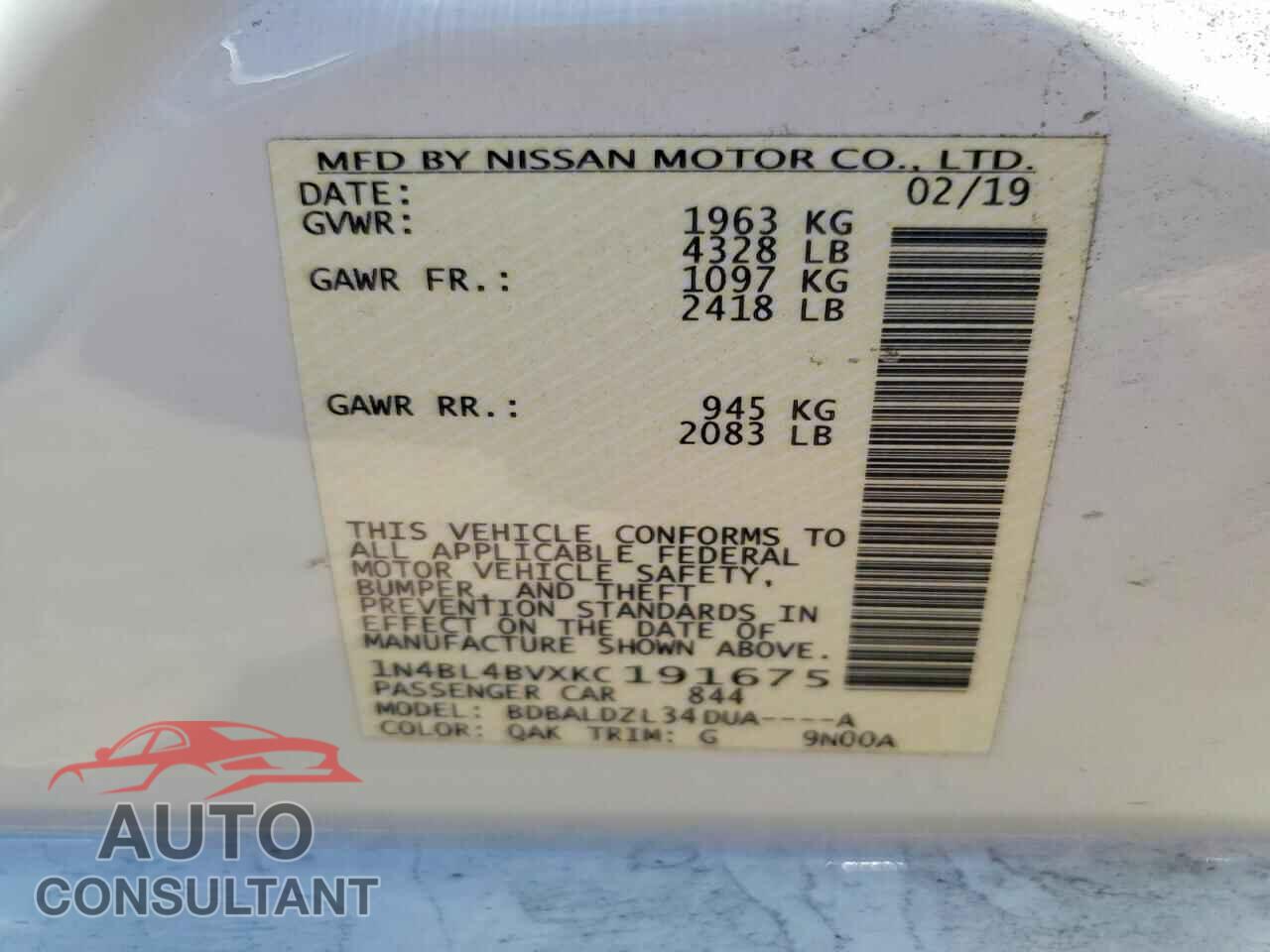 NISSAN ALTIMA 2019 - 1N4BL4BVXKC191675