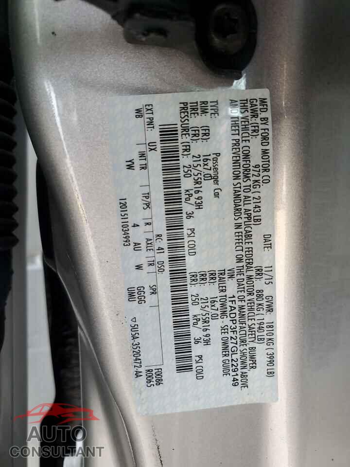 FORD FOCUS 2016 - 1FADP3F27GL229149