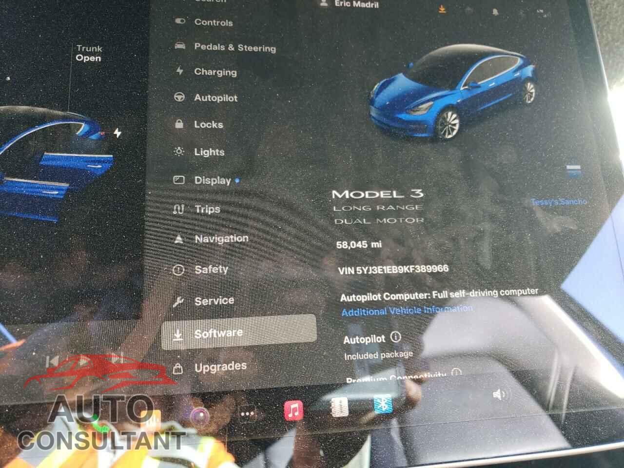 TESLA MODEL 3 2019 - 5YJ3E1EB9KF389966