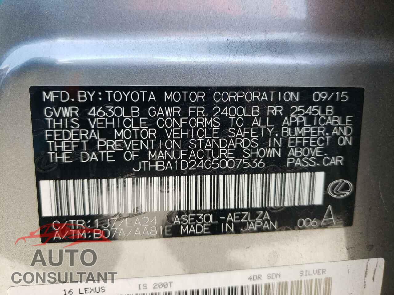 LEXUS IS 2016 - JTHBA1D24G5007536