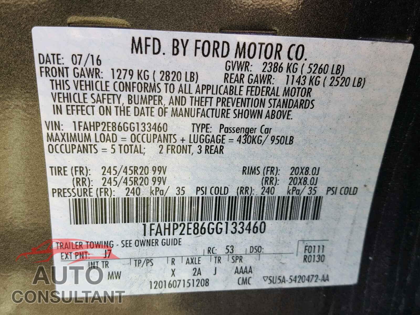 FORD TAURUS 2016 - 1FAHP2E86GG133460