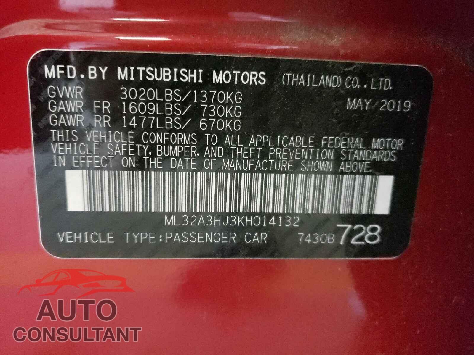 MITSUBISHI MIRAGE 2019 - ML32A3HJ3KH014132