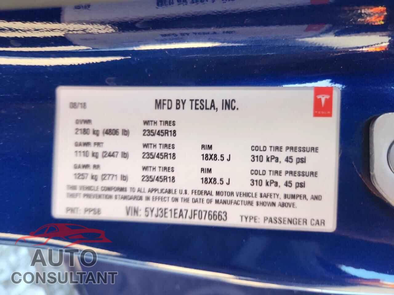 TESLA MODEL 3 2018 - 5YJ3E1EA7JF076663