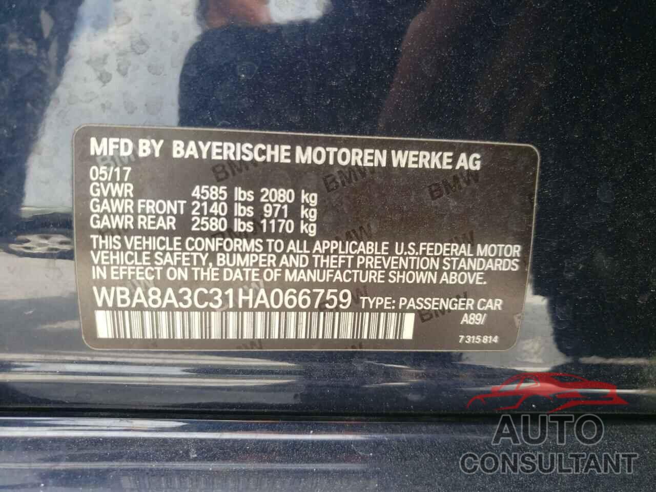 BMW 3 SERIES 2017 - WBA8A3C31HA066759