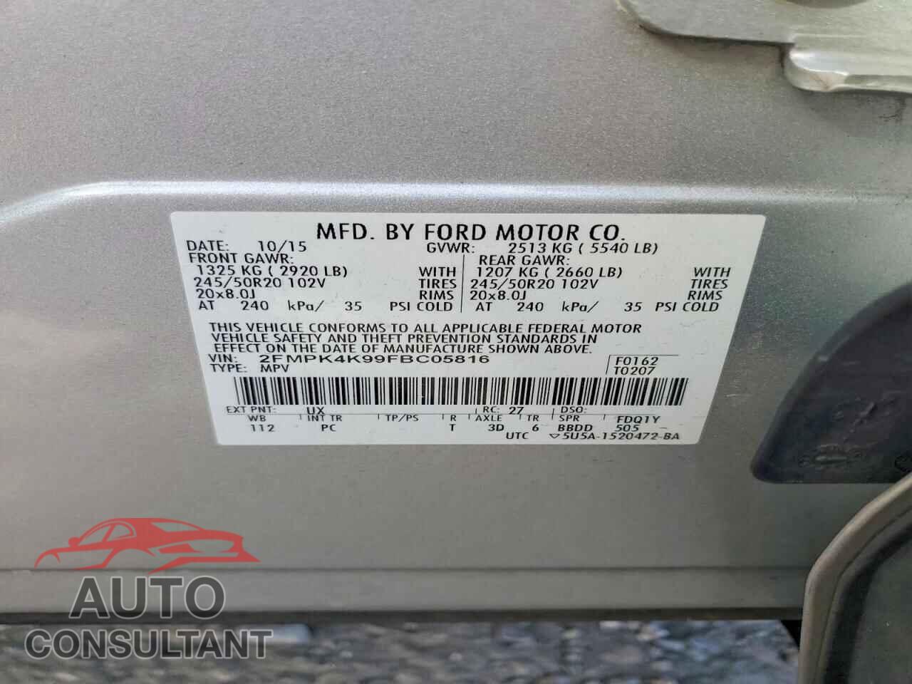 FORD EDGE 2015 - 2FMPK4K99FBC05816