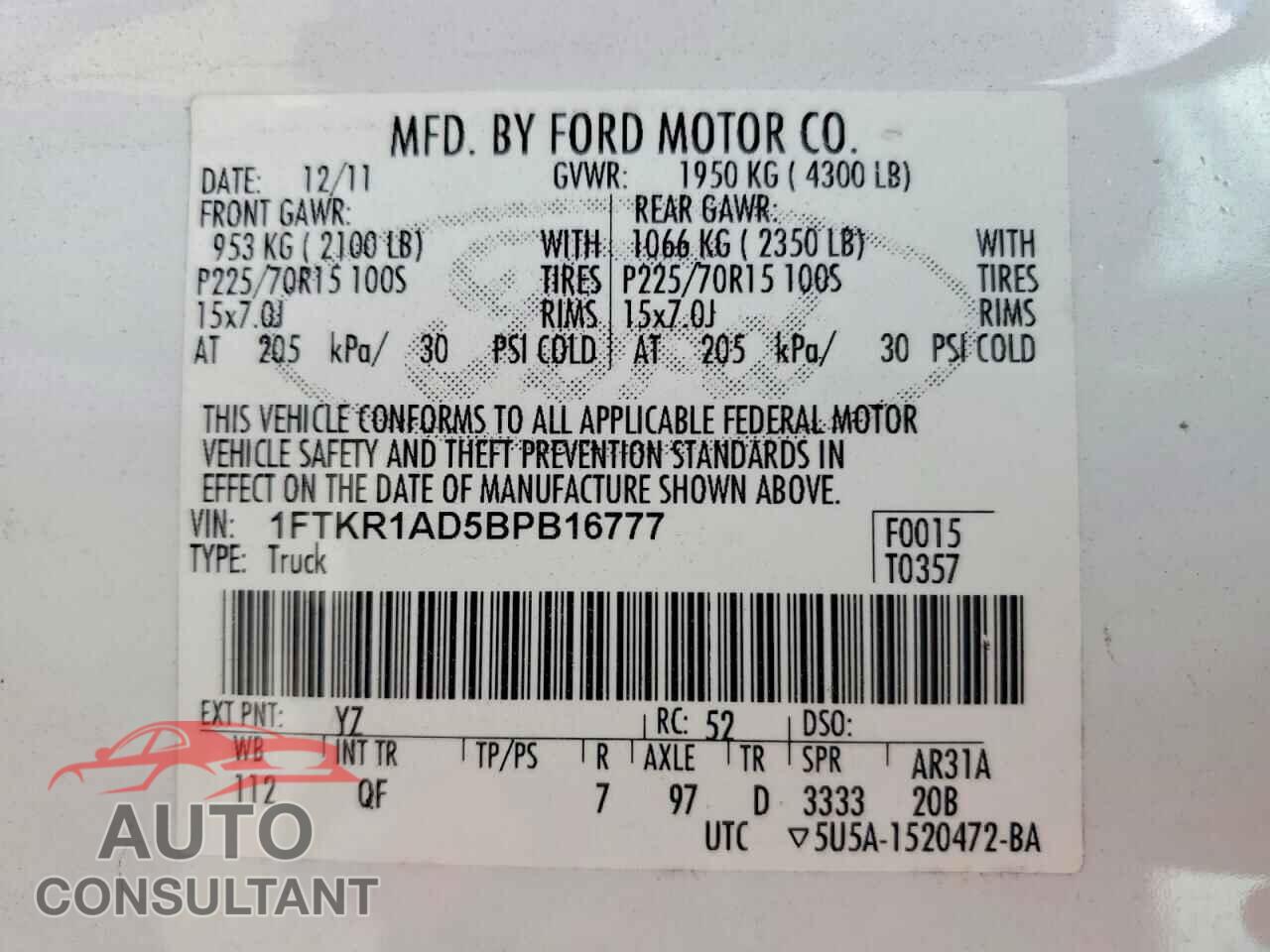 FORD RANGER 2011 - 1FTKR1AD5BPB16777