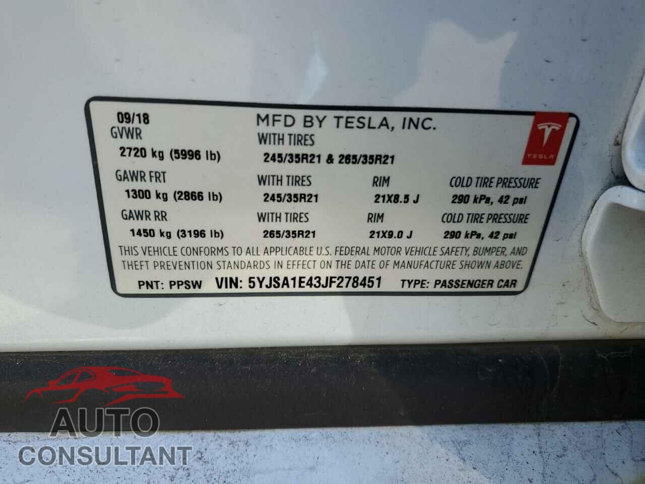 TESLA MODEL S 2018 - 5YJSA1E43JF278451