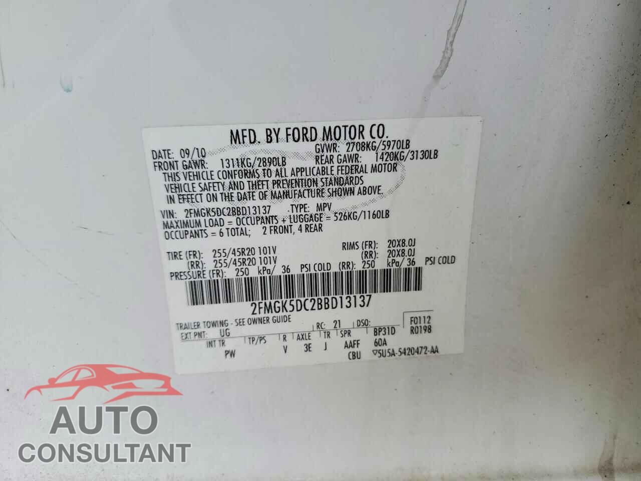FORD FLEX 2011 - 2FMGK5DC2BBD13137