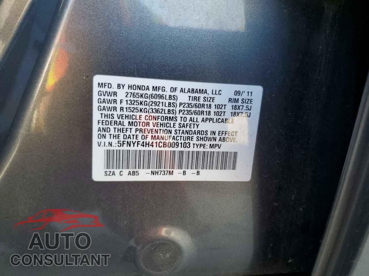 HONDA PILOT 2012 - 5FNYF4H41CB009103