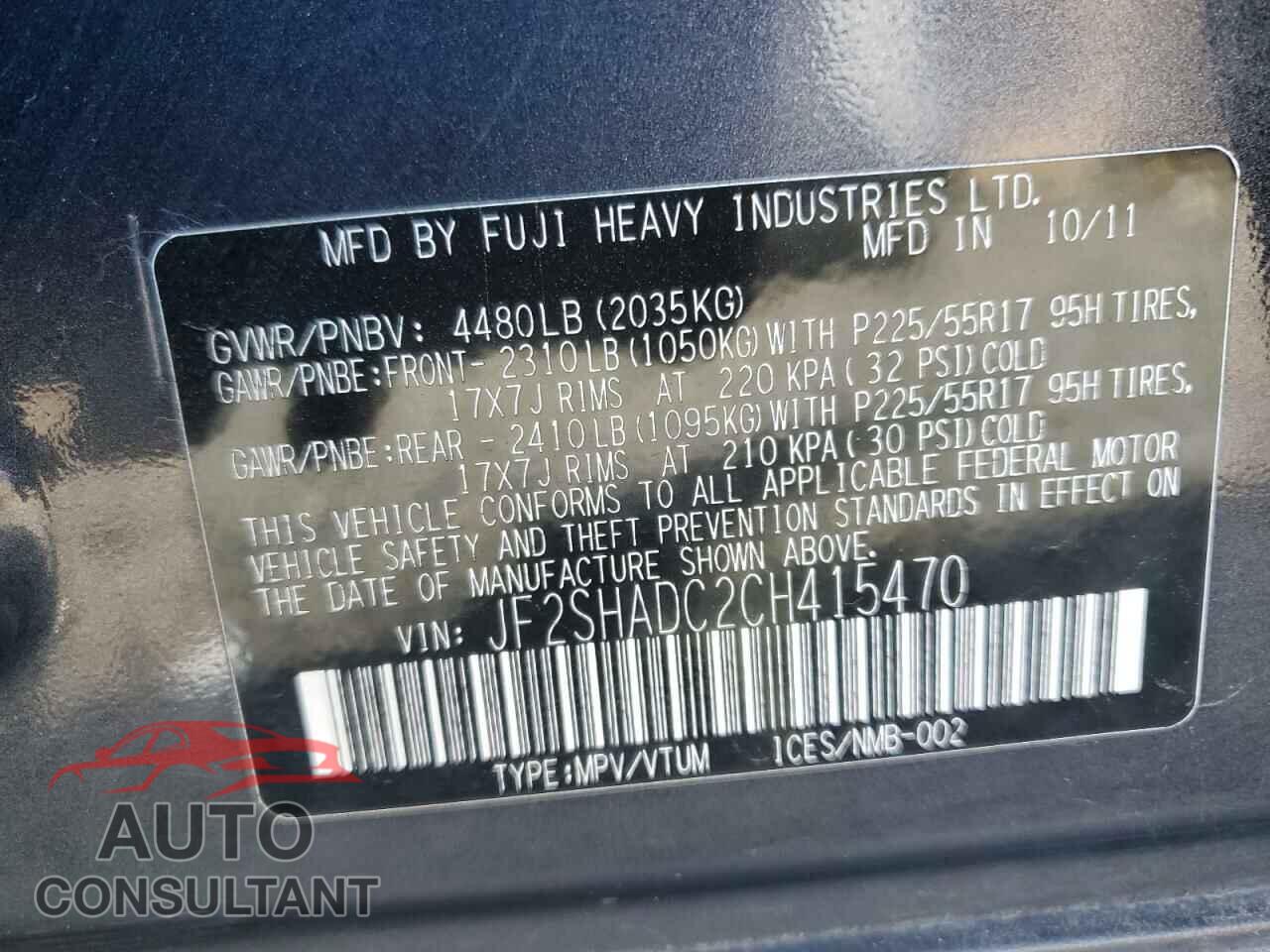 SUBARU FORESTER 2012 - JF2SHADC2CH415470