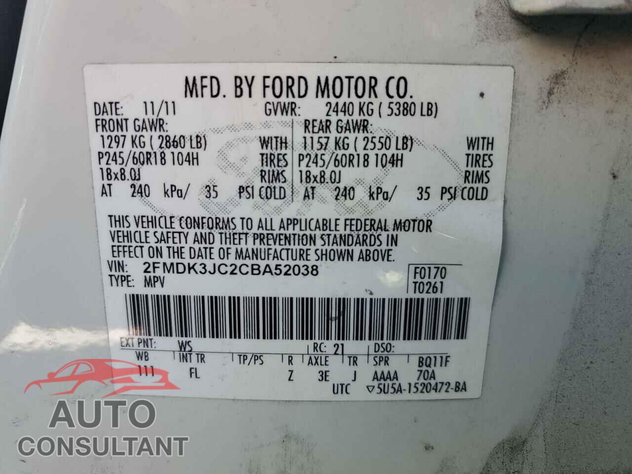 FORD EDGE 2012 - 2FMDK3JC2CBA52038