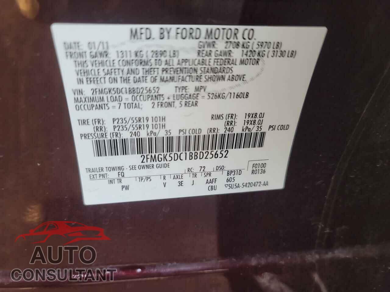 FORD FLEX 2011 - 2FMGK5DC1BBD25652