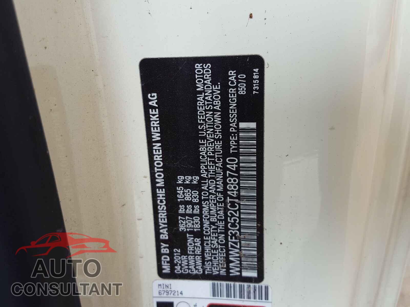 MINI COOPER 2012 - WMWZF3C52CT488740