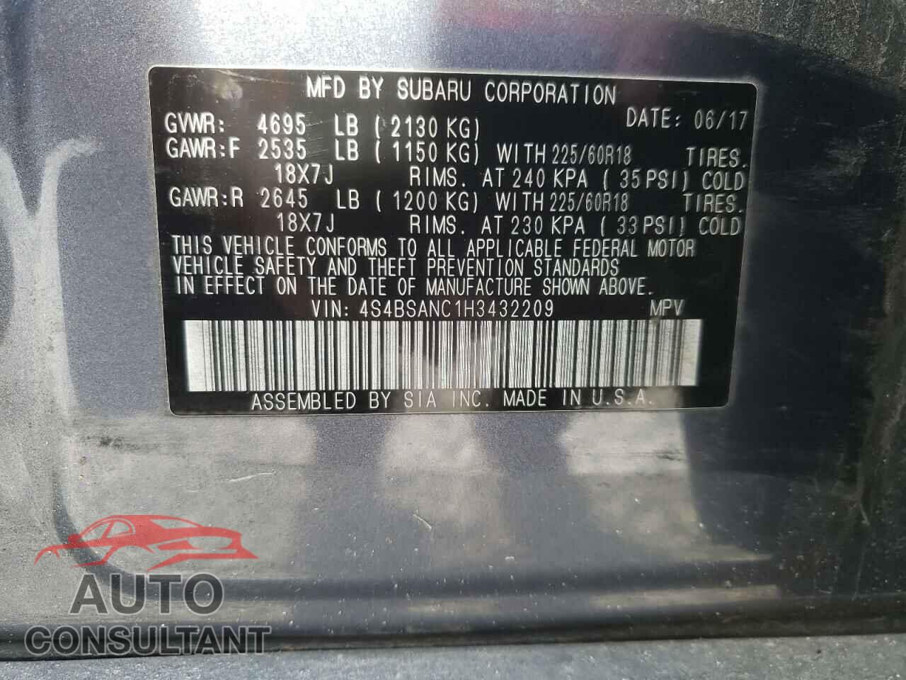 SUBARU OUTBACK 2017 - 4S4BSANC1H3432209
