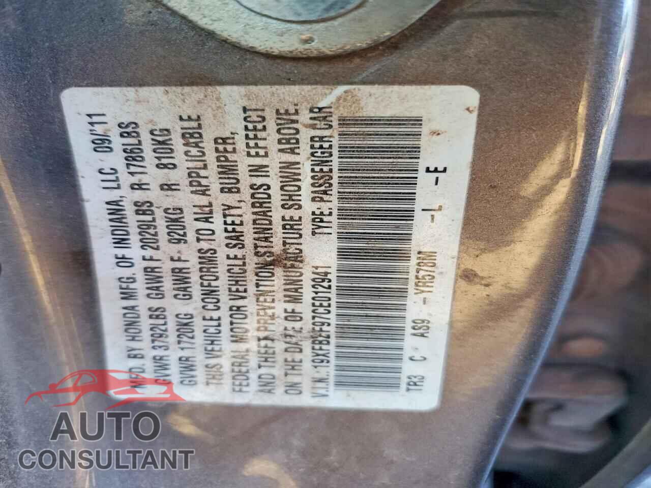 HONDA CIVIC 2012 - 19XFB2F97CE012941