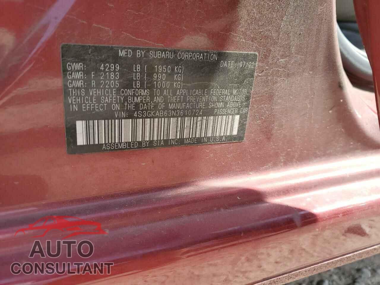 SUBARU IMPREZA 2022 - 4S3GKAB63N3610724