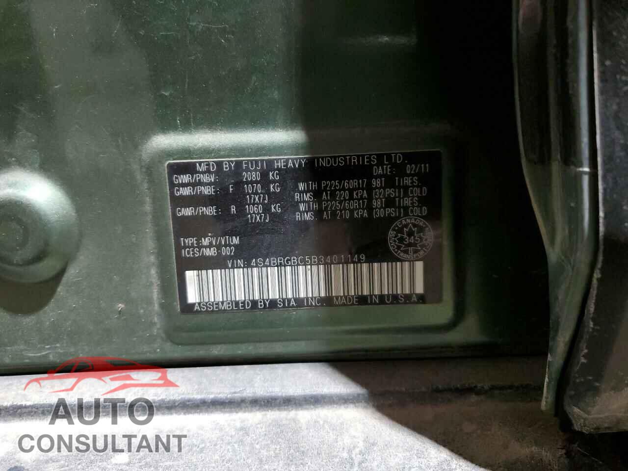 SUBARU OUTBACK 2011 - 4S4BRGBC5B3401149